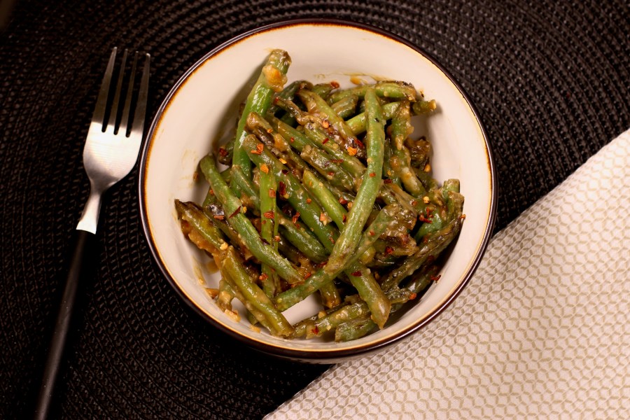 miso garlic blistered green beans